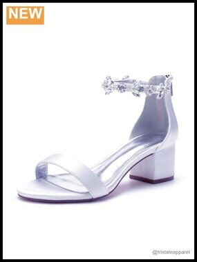 Crystal Satin Block Heels Low Comfortable Wedding Bridal Shoes Pumps